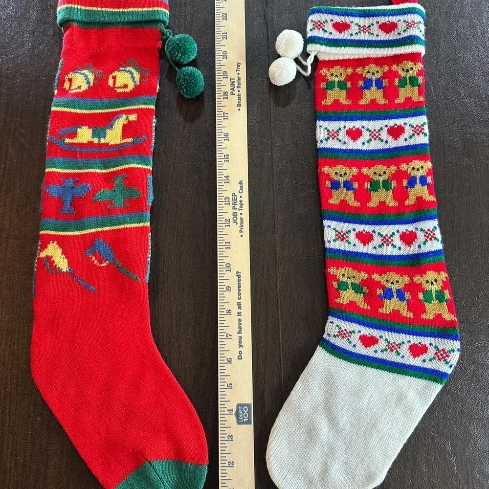 Festive VTG Knit Christmas Stockings - Teddy Bears and Rocking Horses.